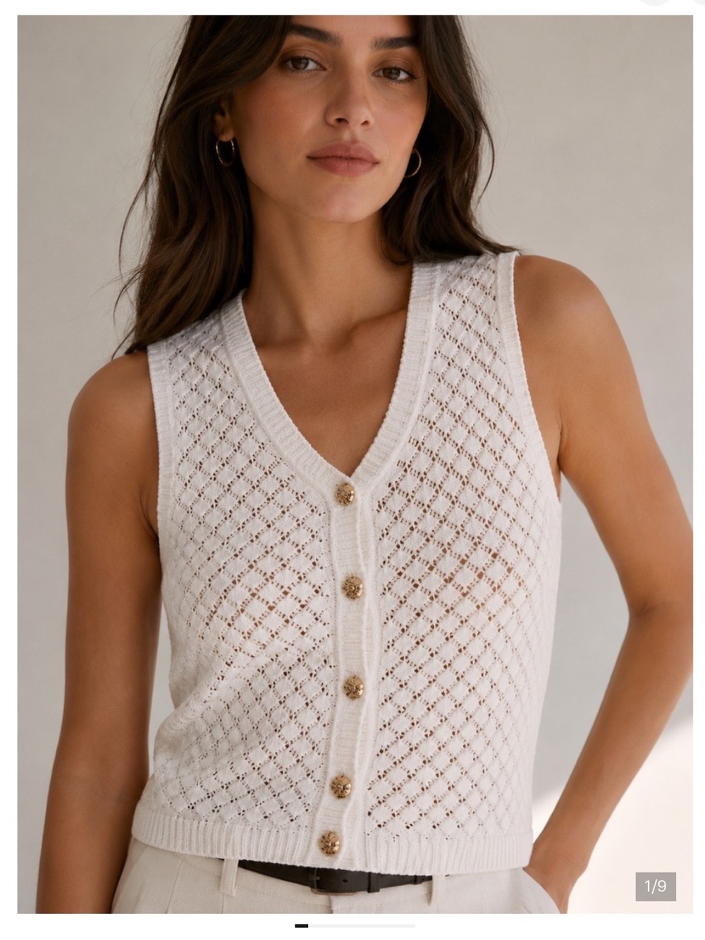 Joie 100% Cotton Open-Knit Cotton Vest with Gold Buttons